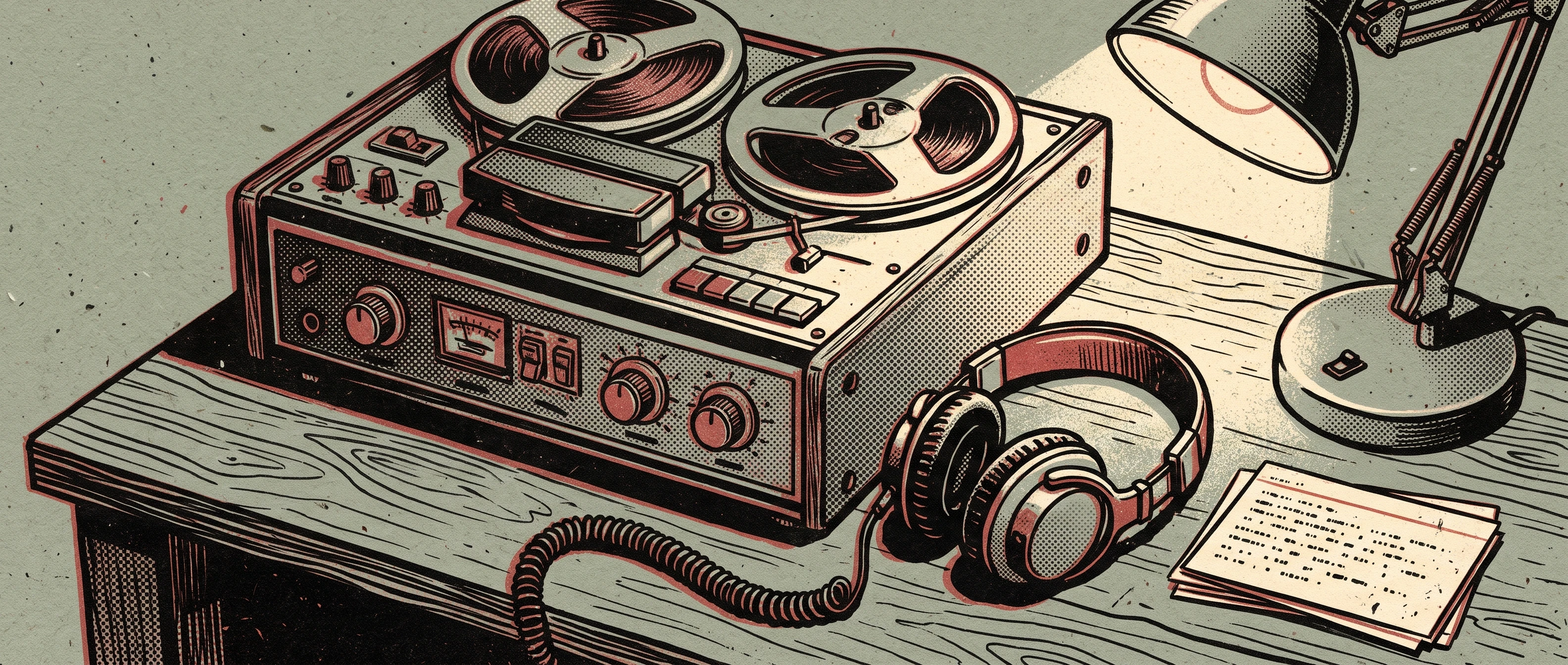 Tape recorder, headphones, index cards.